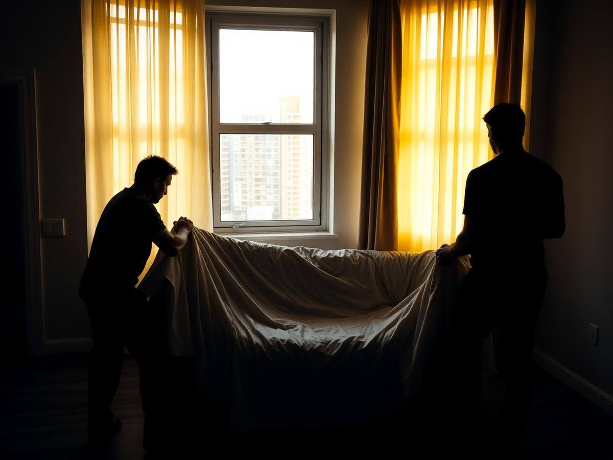 Movers wrapping furniture in protective blankets